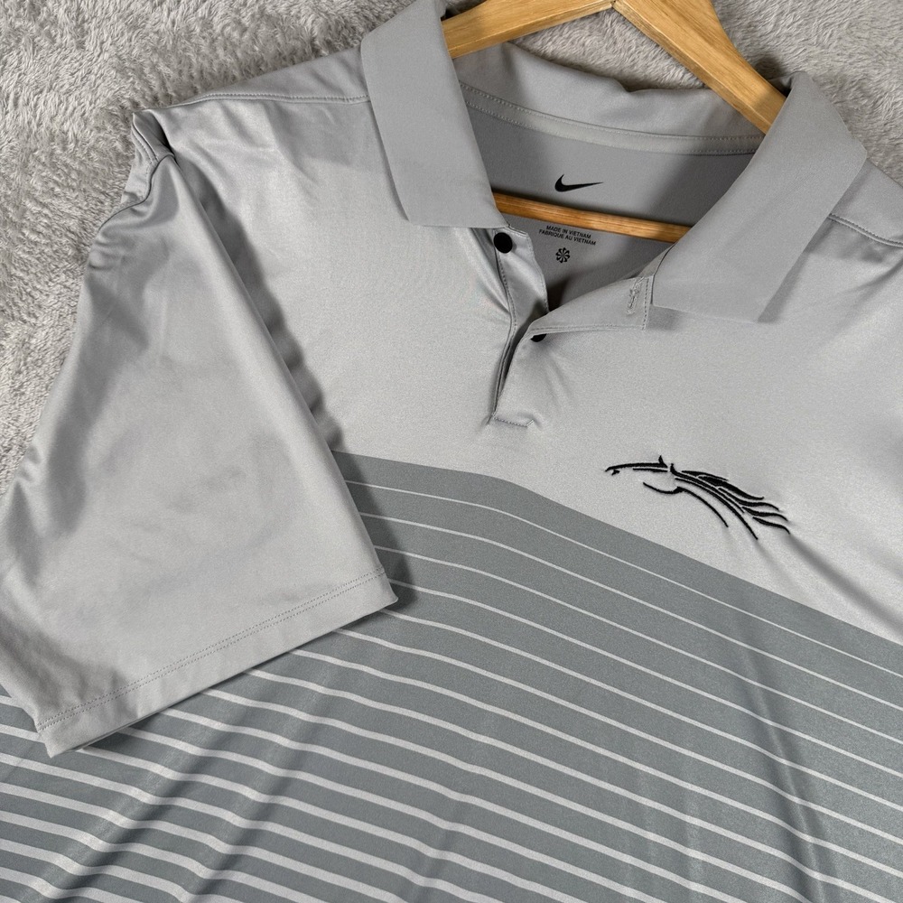 Nike Mens XXL Gray Striped Short Sleeve Collared Button Polo Logo Horse Swoosh